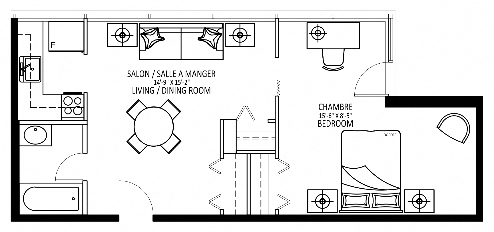 Floor plan for 1 bed, 1 bath, 520 sqft